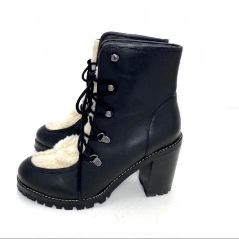 Seychelles Theater Sherpa Fur Leather Lace up Chunky Heel Hiker Boot BK Sz 8.5 - Picture 6 of 10